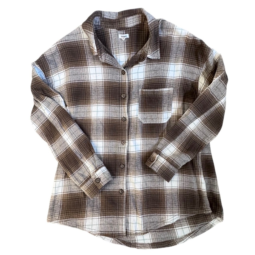 Garage Womens Chocolate White Plaid Flannel Button Down Shirt XS/S Cotton 121340